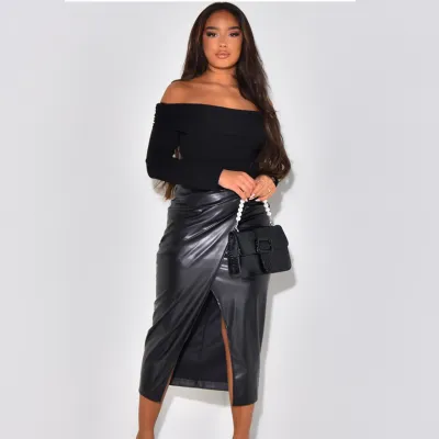 Women Fashion High Waist Pleated Split Irregular Midi PU Leather Skirt